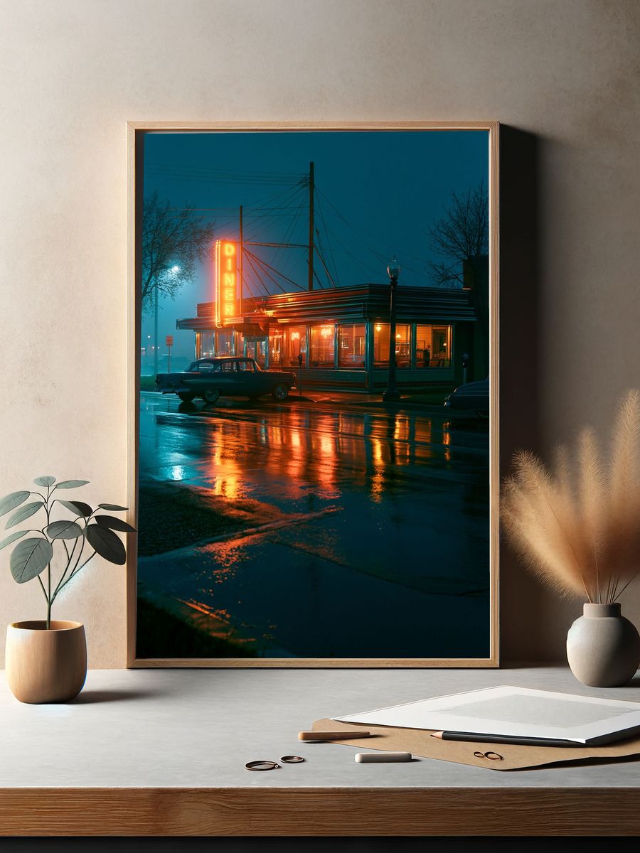 Neon Diner Night Photography Poster. — room view 2