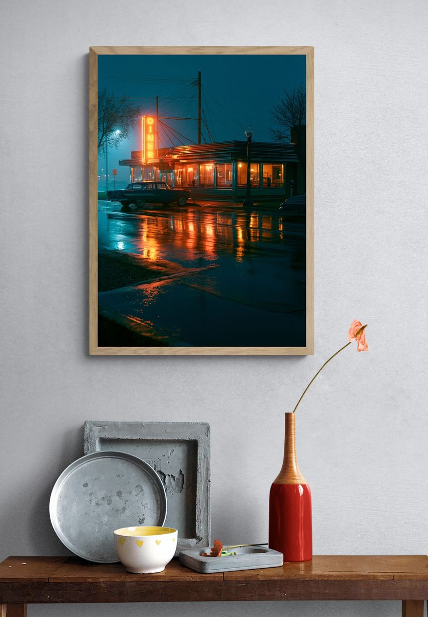 Neon Diner Night Photography Poster. — room view 3