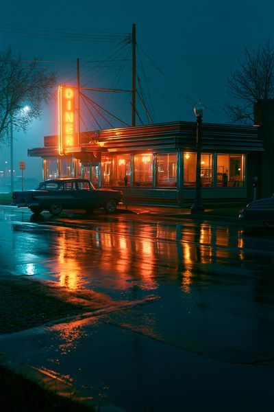 Neon Diner Night Photography Poster.