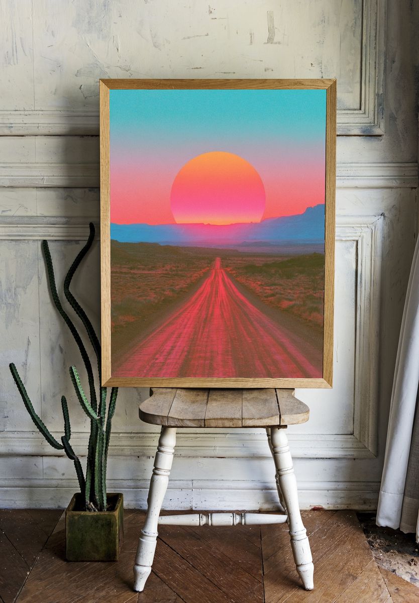 Neon Desert Sunset Poster. room preview
