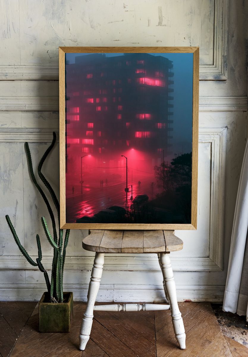 Neon Fog Cityscape Photography Poster. — room view 1