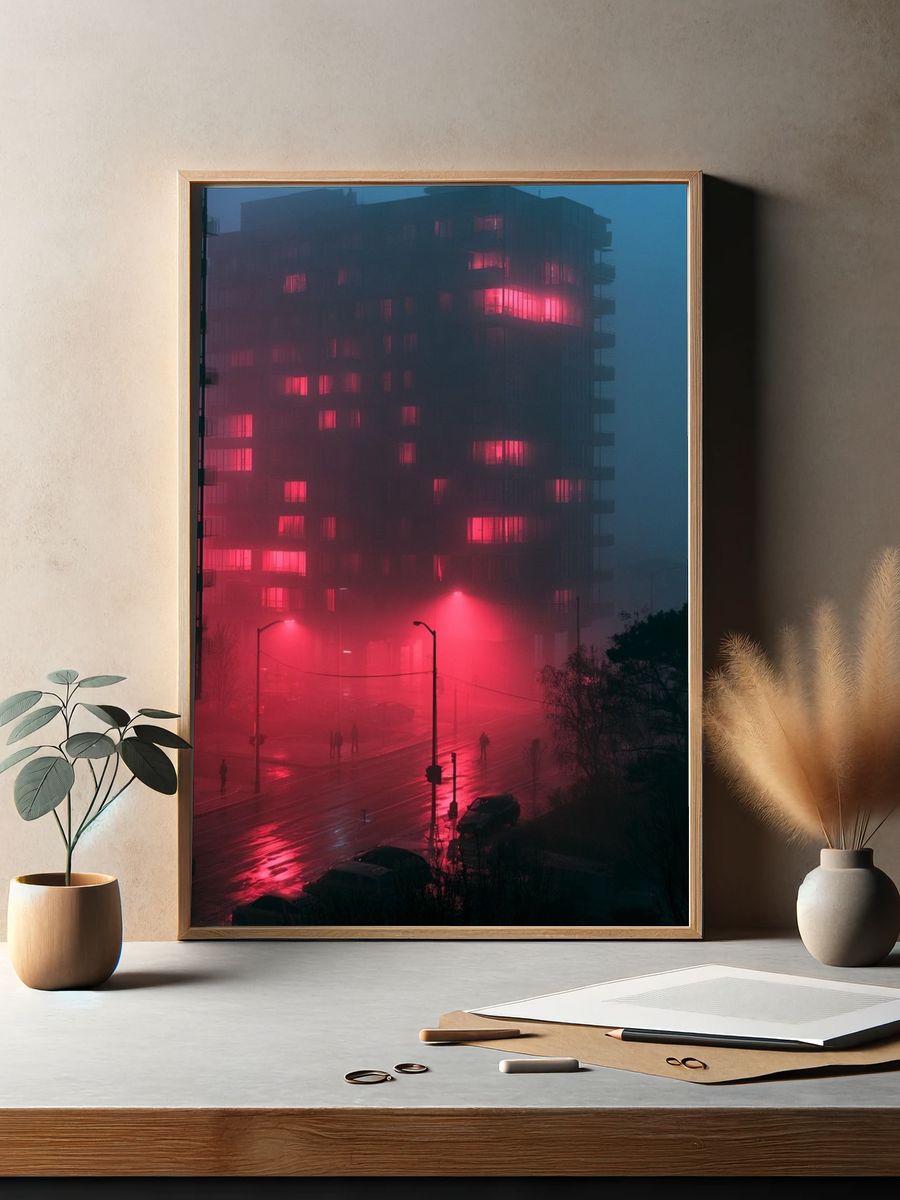Neon Fog Cityscape Photography Poster. — room view 2