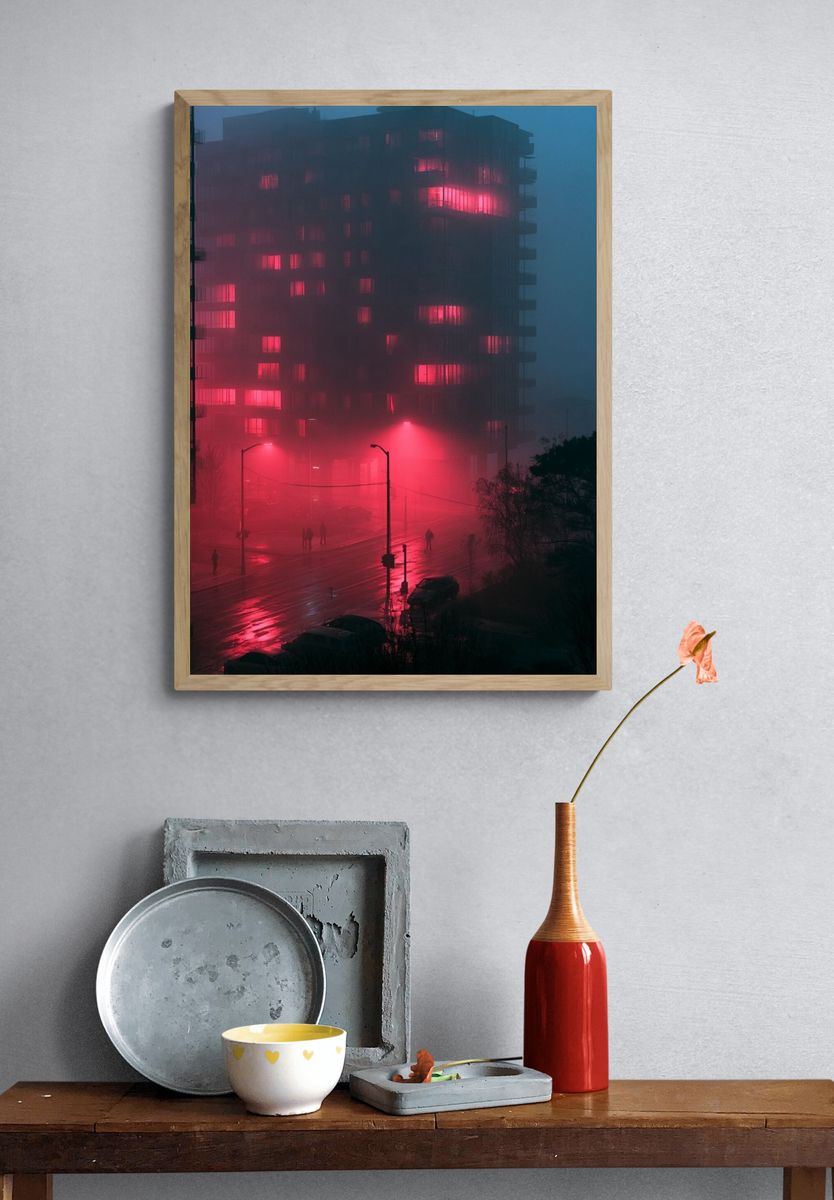 Neon Fog Cityscape Photography Poster. — room view 3
