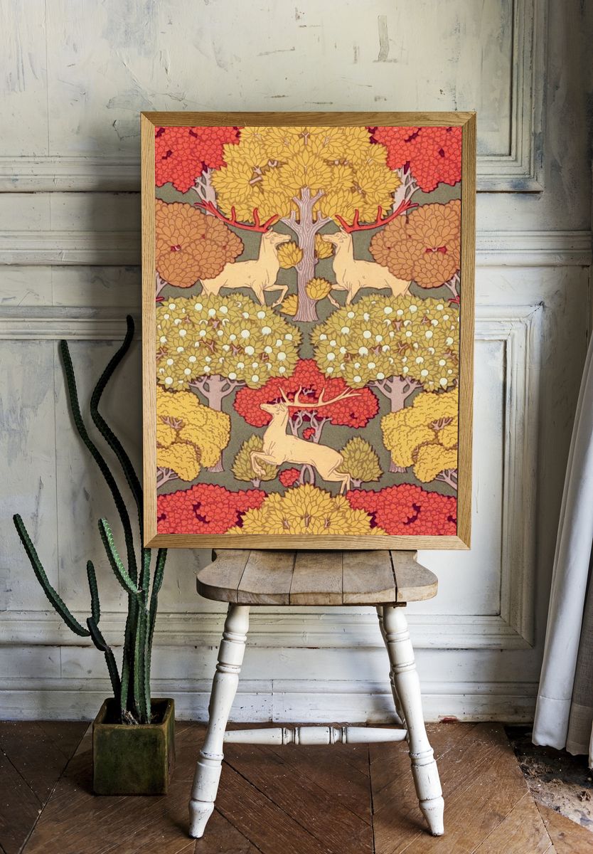 Autumn Forest with Deer — Vintage Print. — room view 1