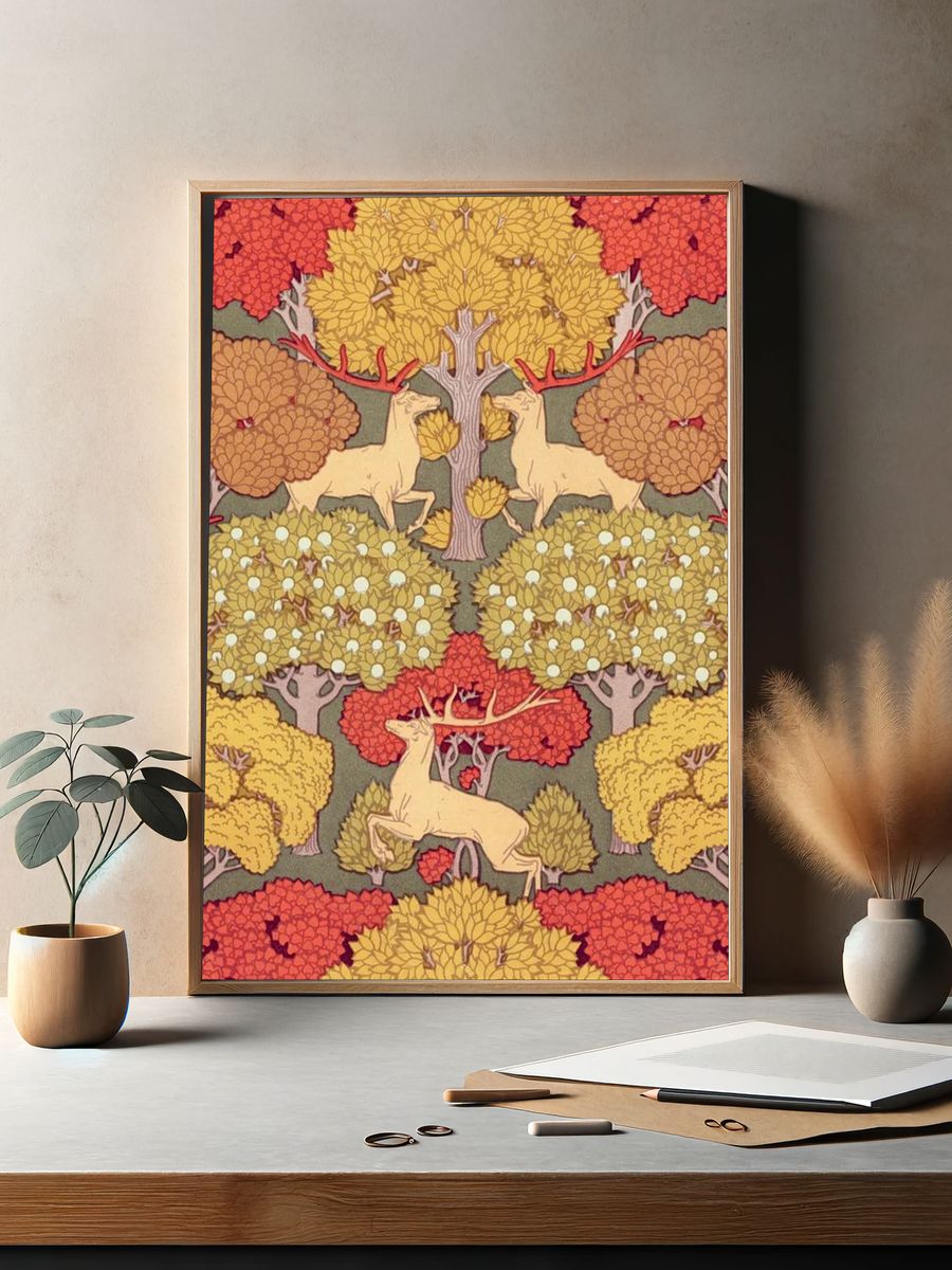 Autumn Forest with Deer — Vintage Print. — room view 2