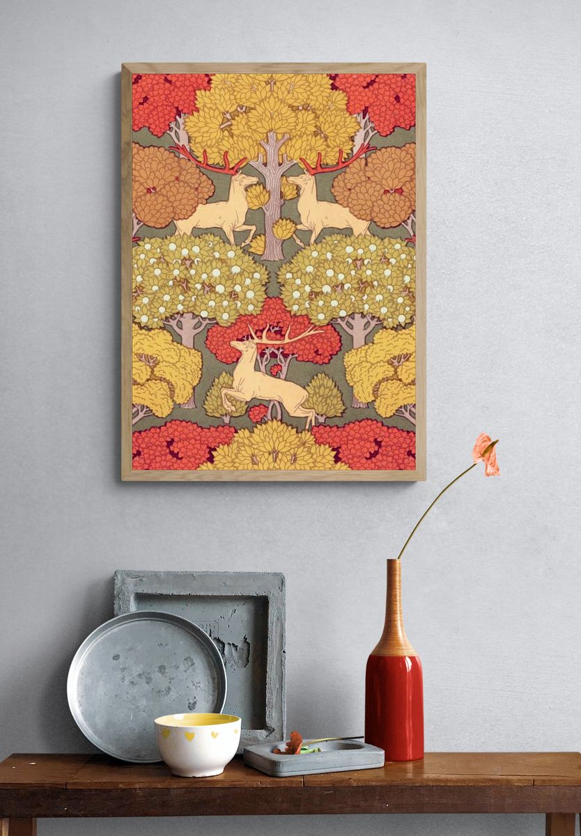 Autumn Forest with Deer — Vintage Print. — room view 3