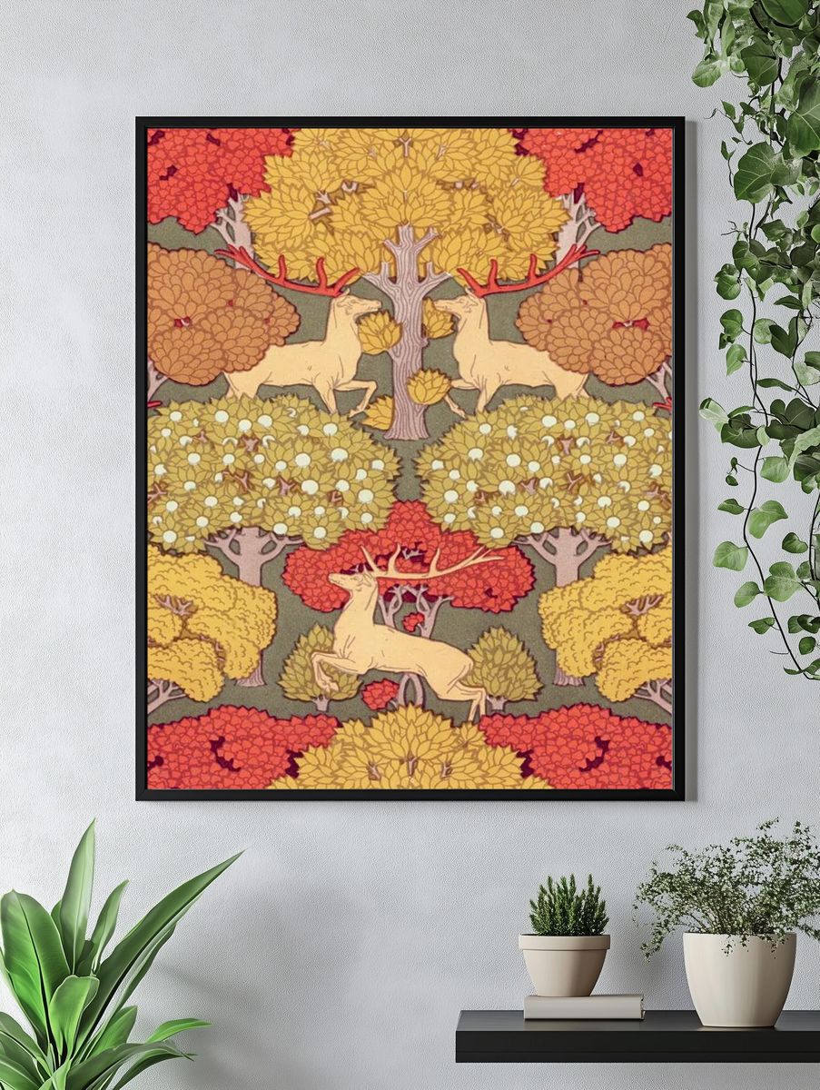 Autumn Forest with Deer — Vintage Print. — room view 4