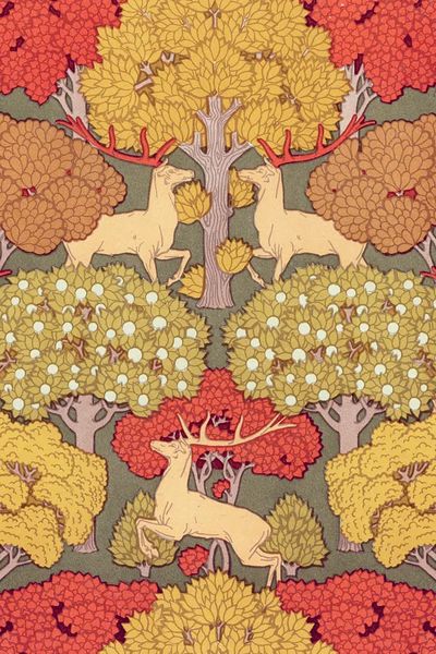Autumn Forest with Deer — Vintage Print.