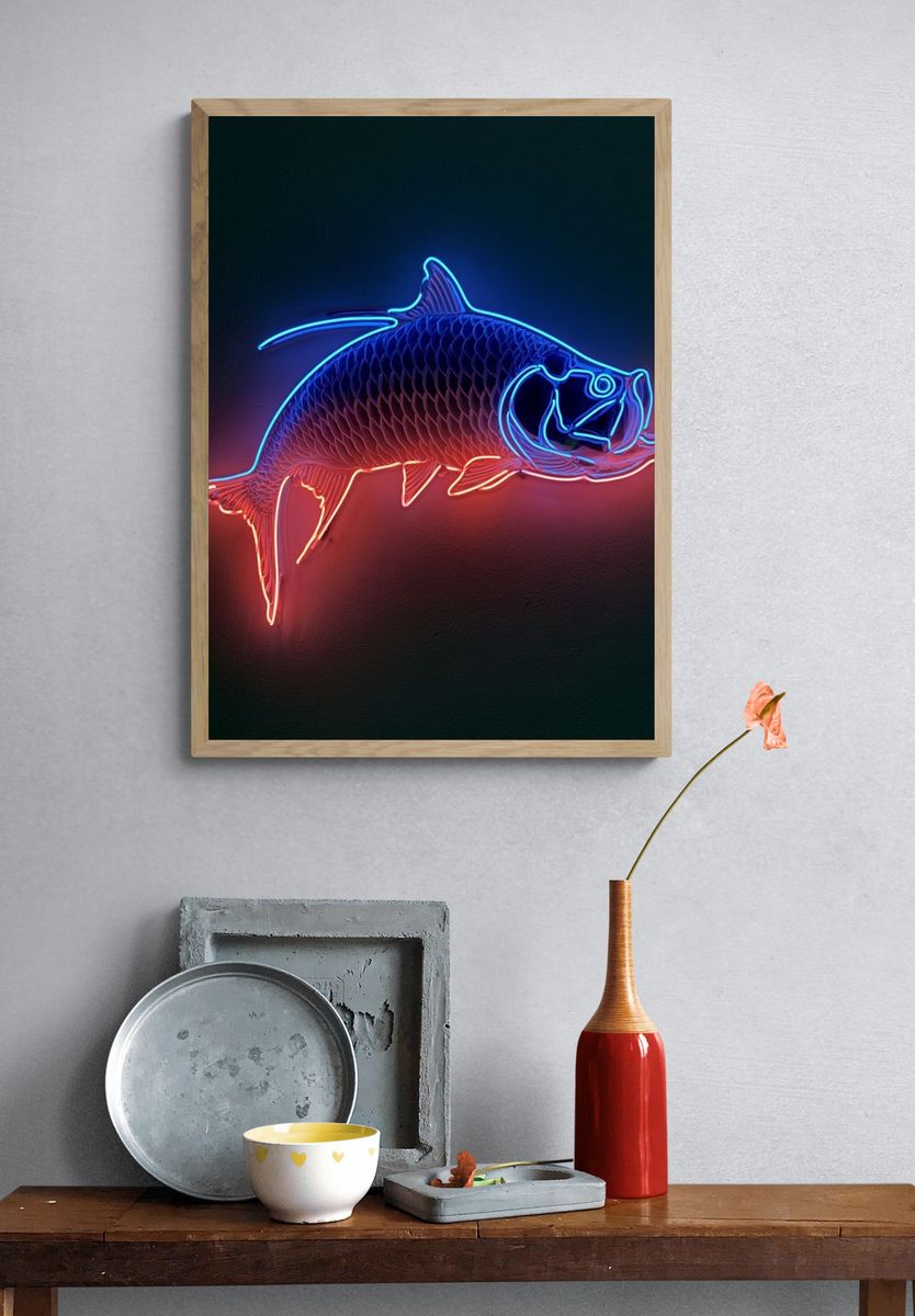 Neon Fish Illustration Poster. — room view 3