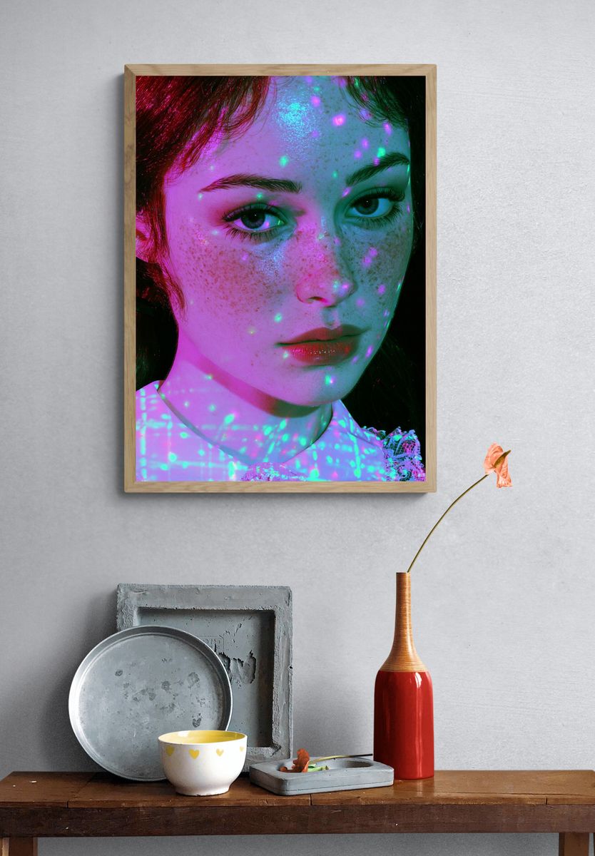 Neon Freckled Portrait Photography Poster. — room view 3