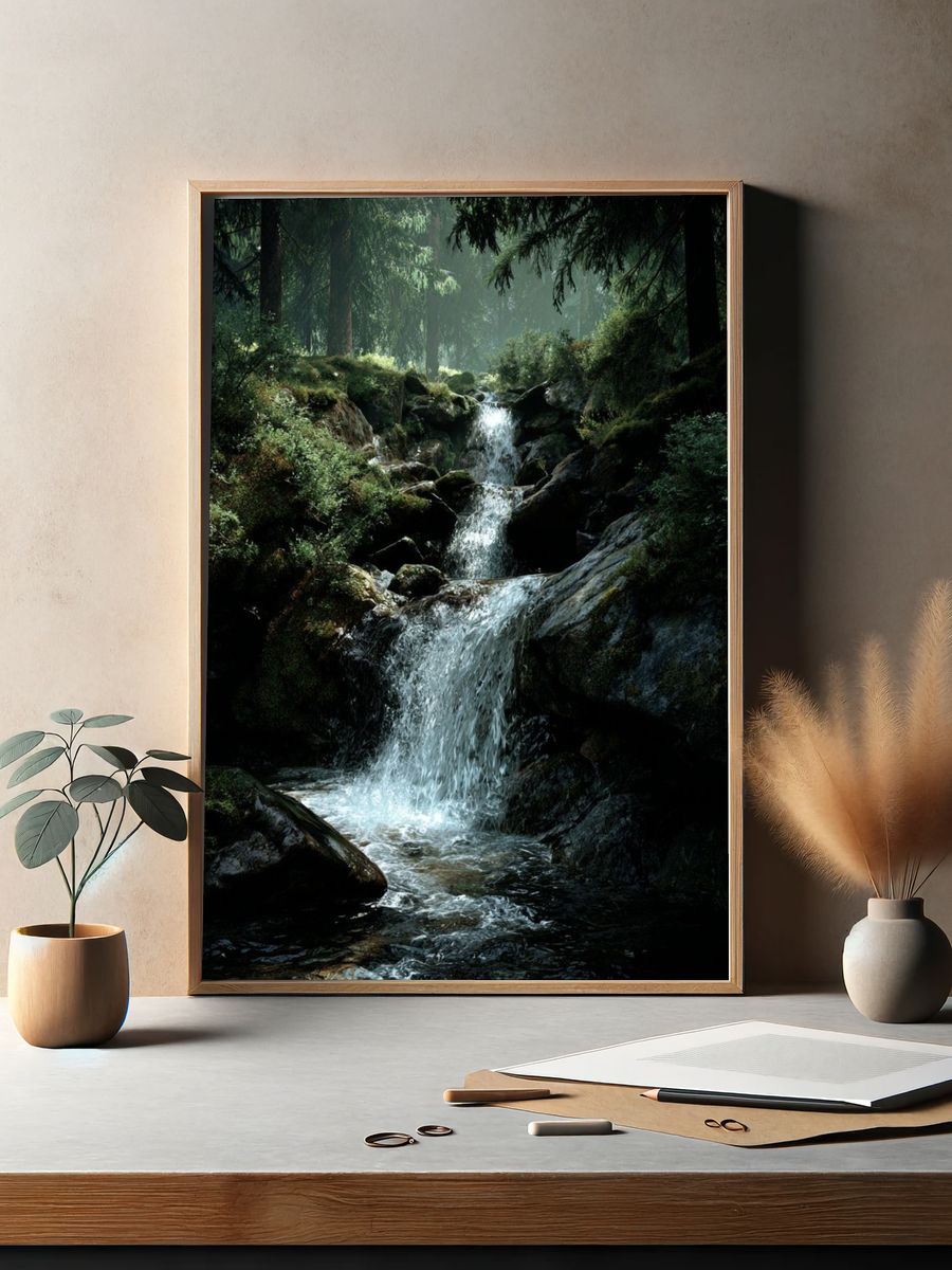 Serene Forest Waterfall Poster. — room view 2