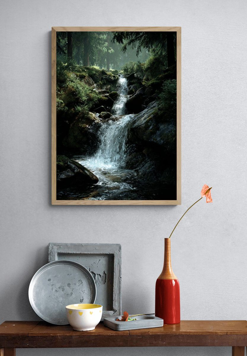 Serene Forest Waterfall Poster. — room view 3