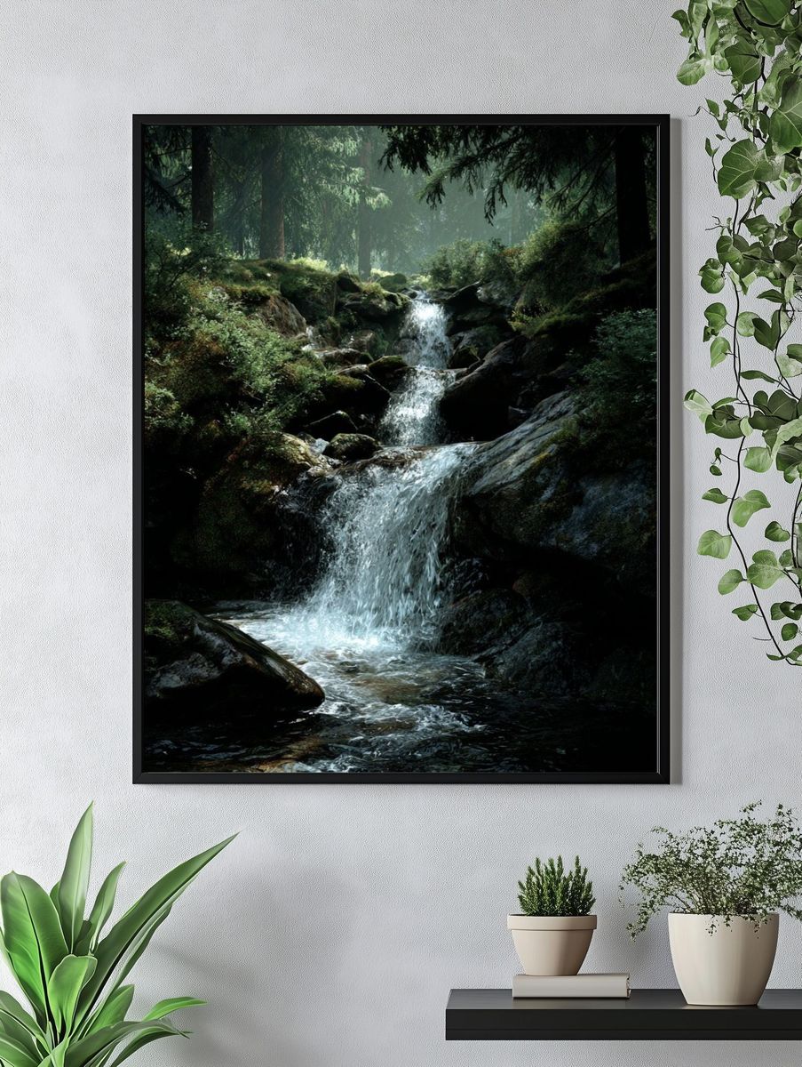 Serene Forest Waterfall Poster. — room view 4