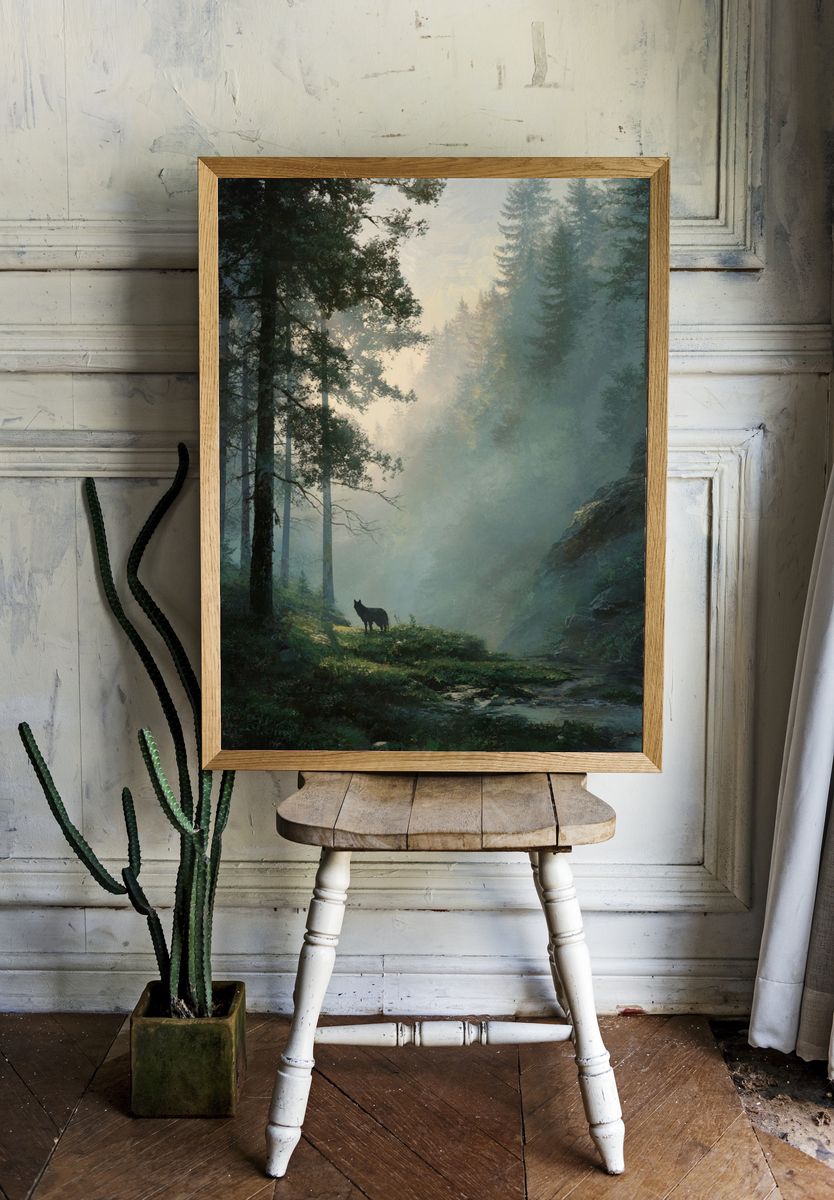 Misty Forest with Wolf — Nature Print. — room view 1