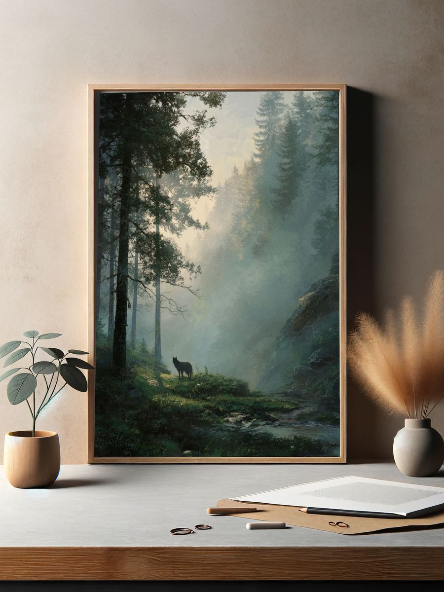 Misty Forest with Wolf — Nature Print. — room view 2