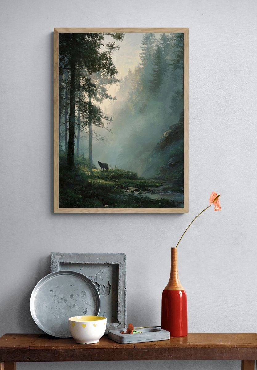 Misty Forest with Wolf — Nature Print. — room view 3