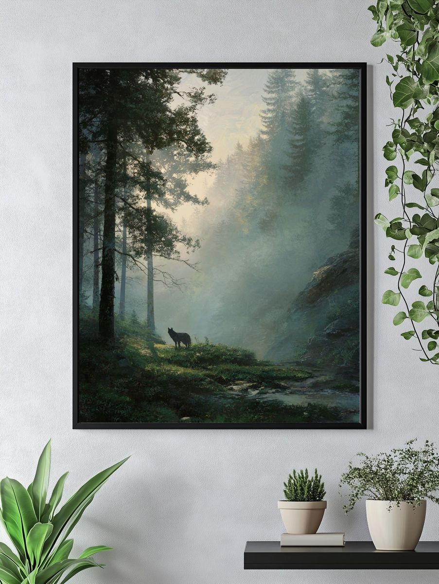 Misty Forest with Wolf — Nature Print. — room view 4