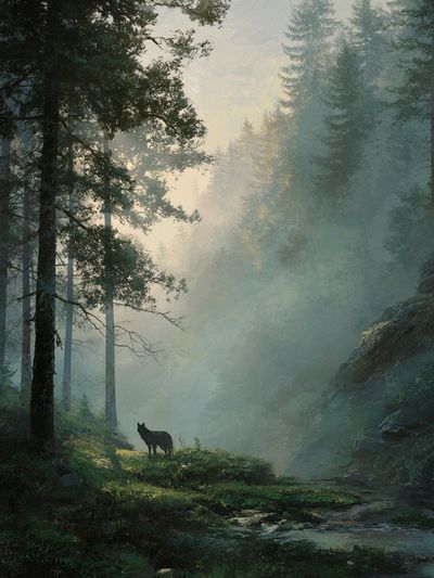 Misty Forest with Wolf — Nature Print