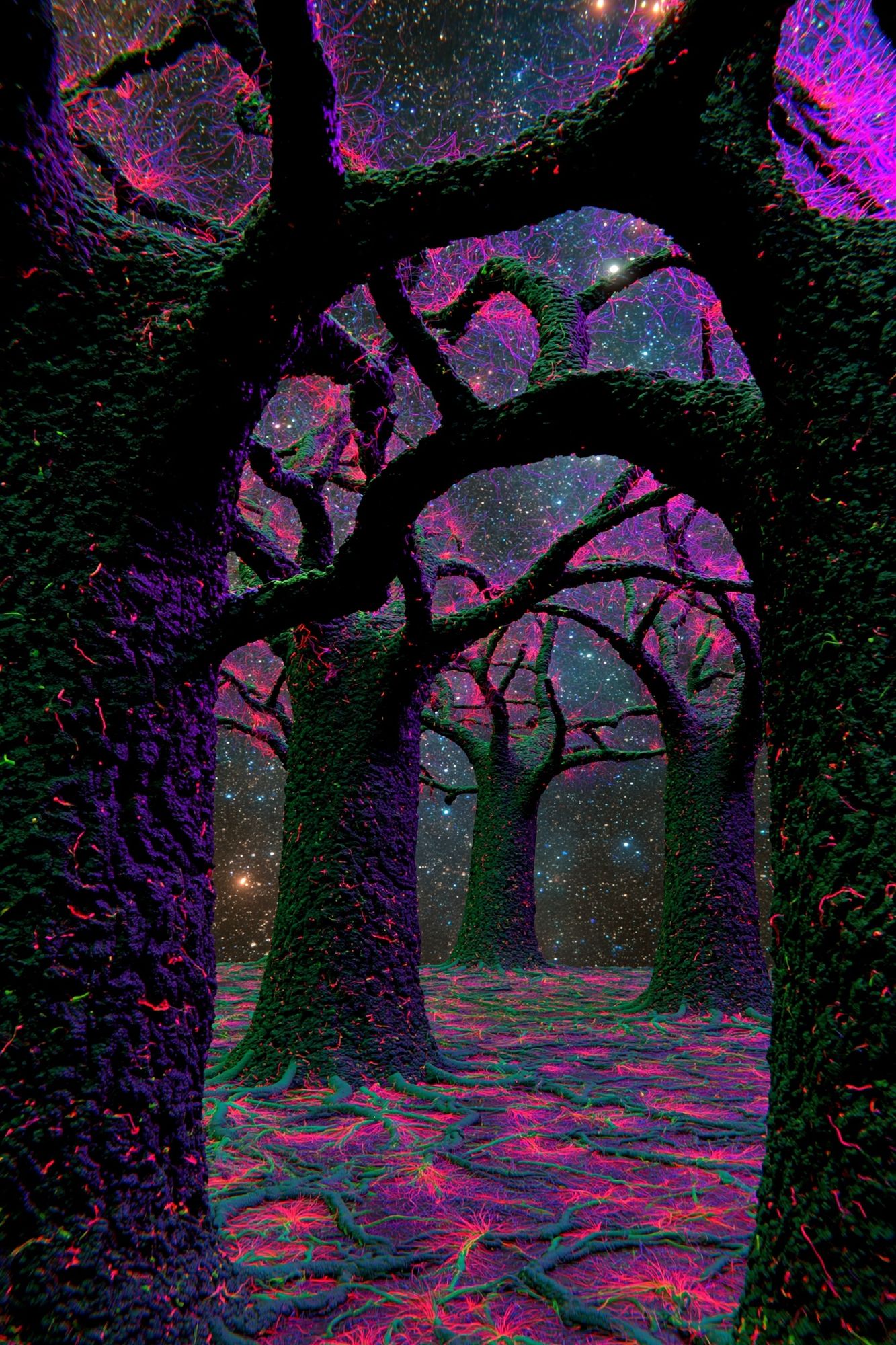 Neon Forest Under Stars Poster. poster — illustration art