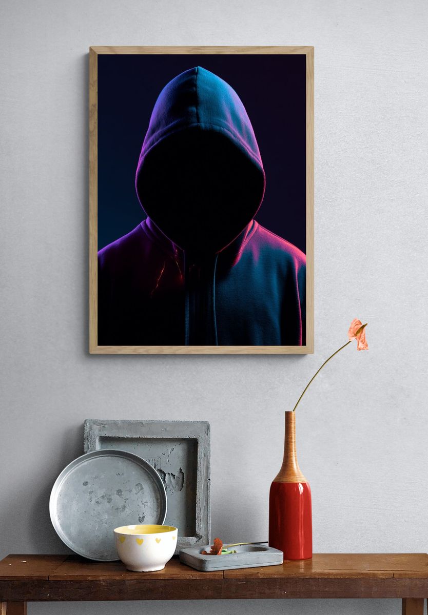 Neon Hooded Figure Photography Poster. — room view 3