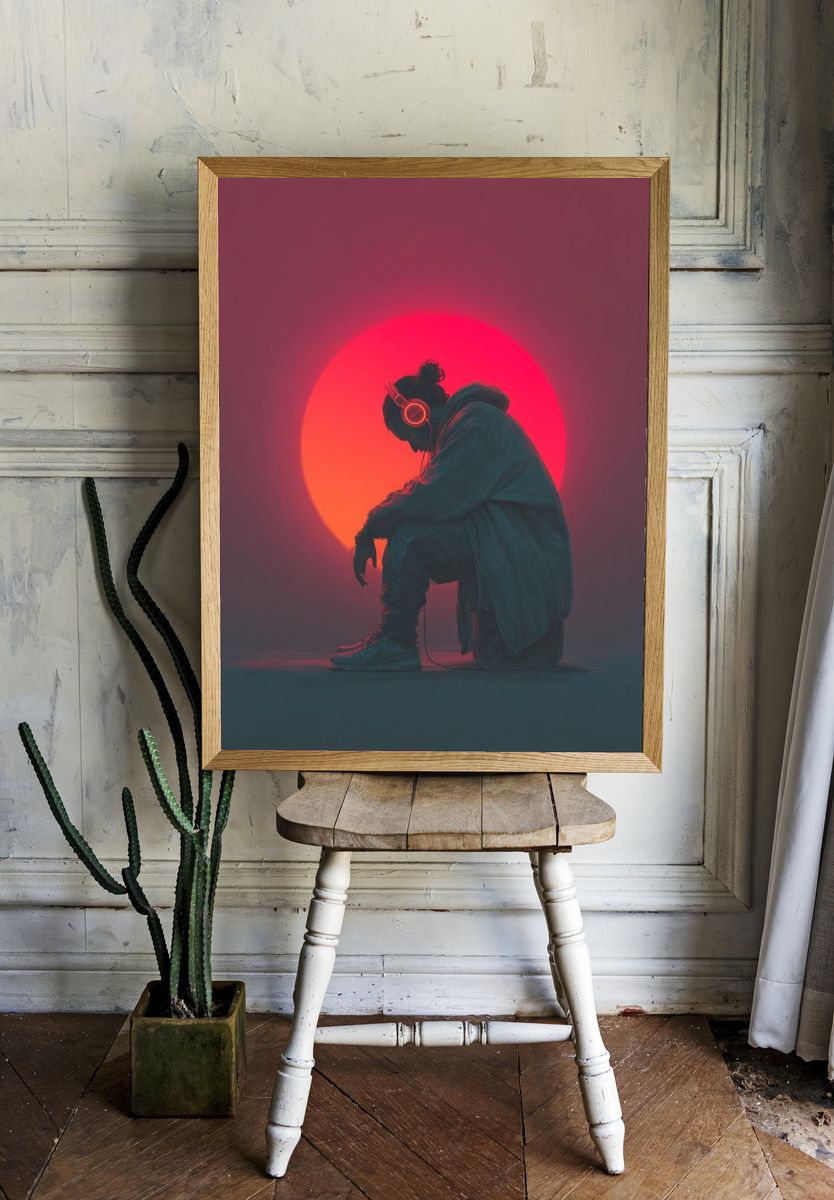 Neon Headphones Silhouette Photography Poster. — room view 1