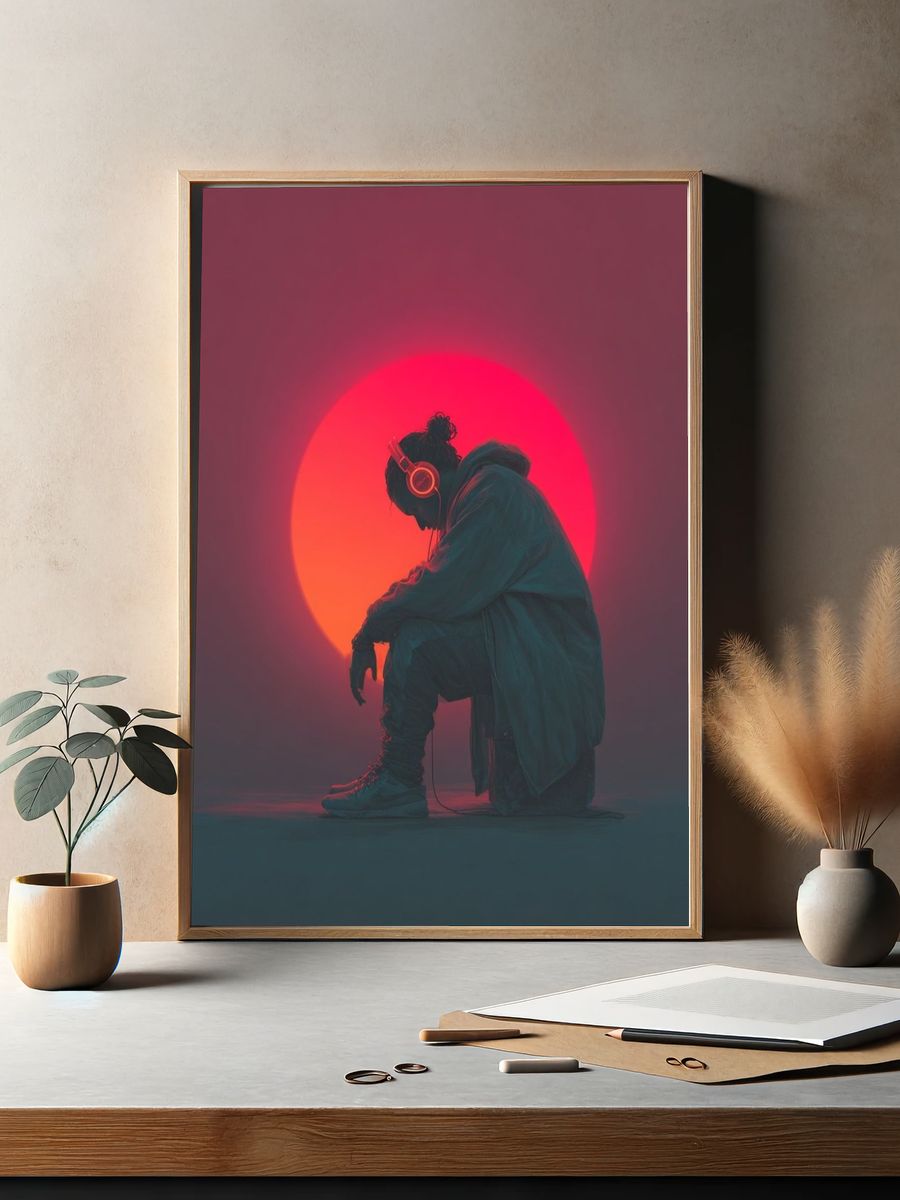 Neon Headphones Silhouette Photography Poster. — room view 2