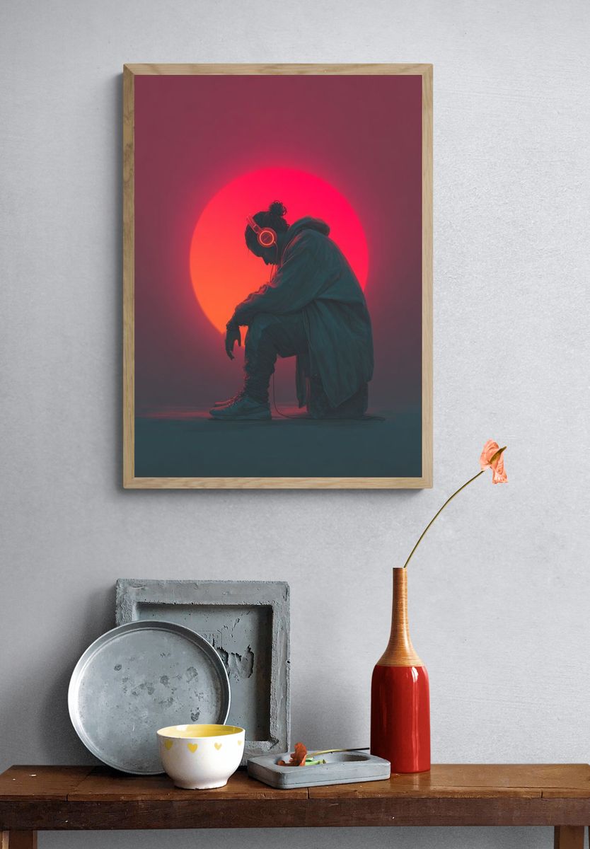 Neon Headphones Silhouette Photography Poster. — room view 3