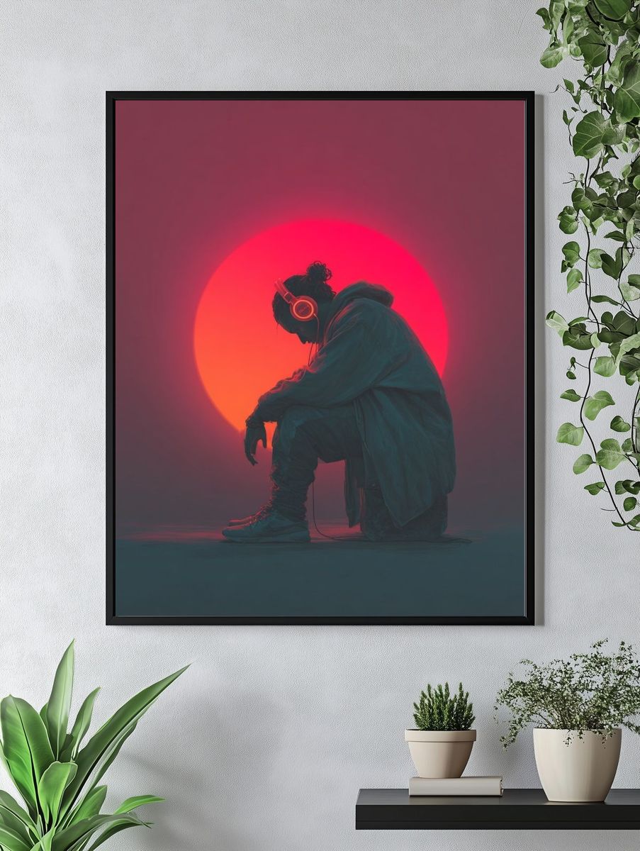 Neon Headphones Silhouette Photography Poster. — room view 4