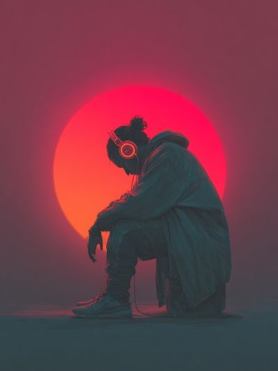 Neon Headphones Silhouette Photography Poster. poster print