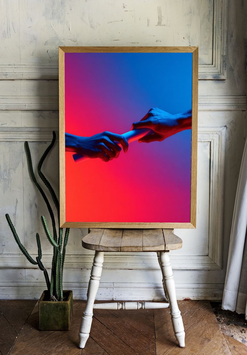 Neon Relay Hands Photography Poster. — room view 1