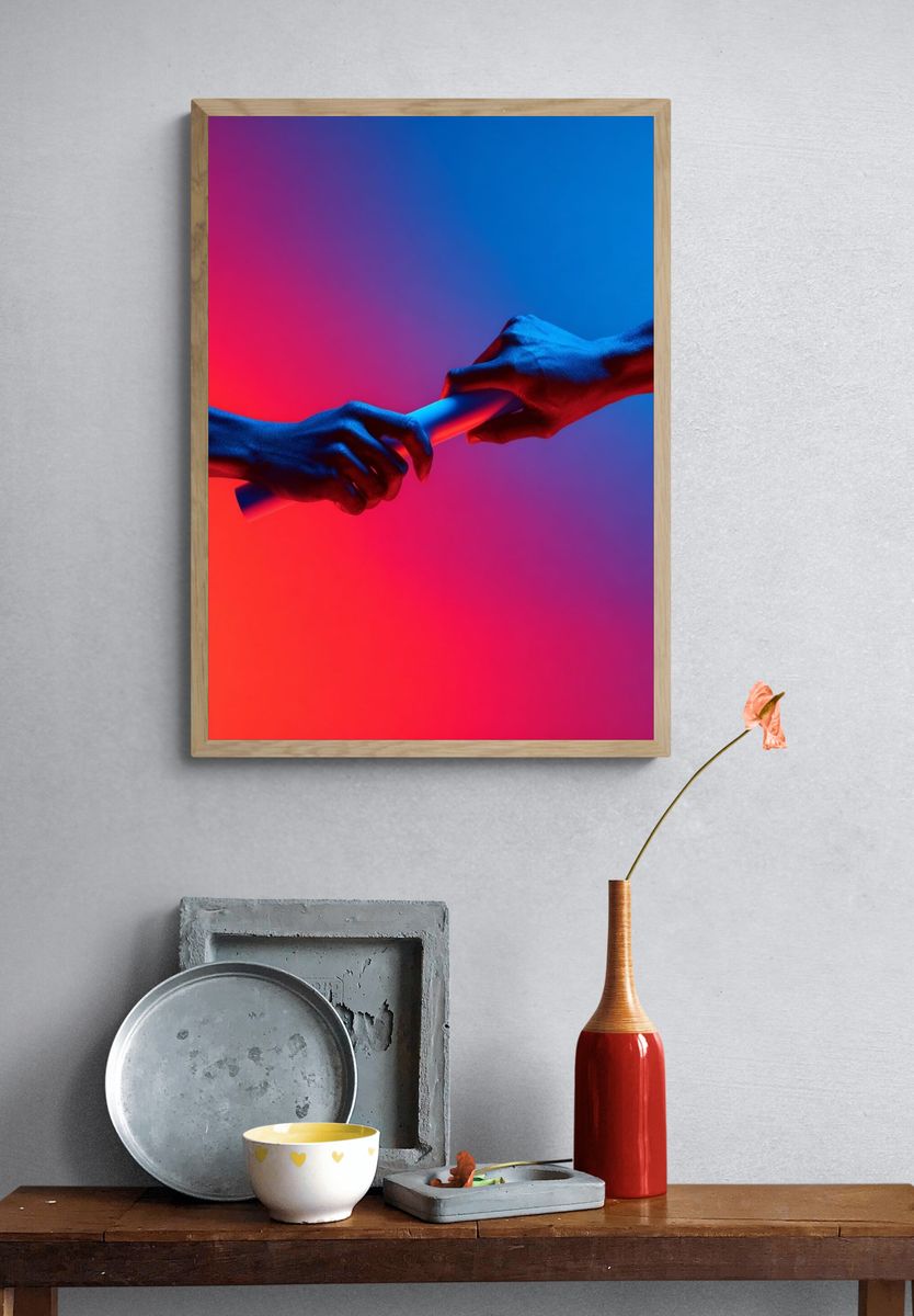 Neon Relay Hands Photography Poster. — room view 3