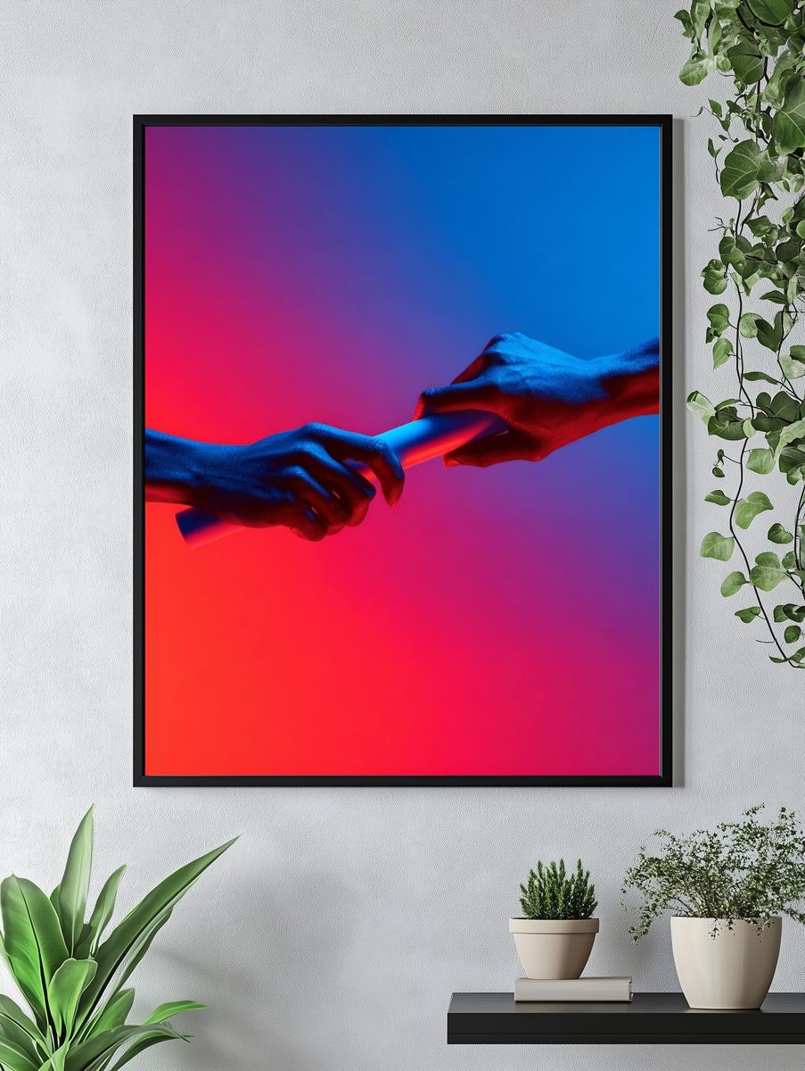 Neon Relay Hands Photography Poster. — room view 4