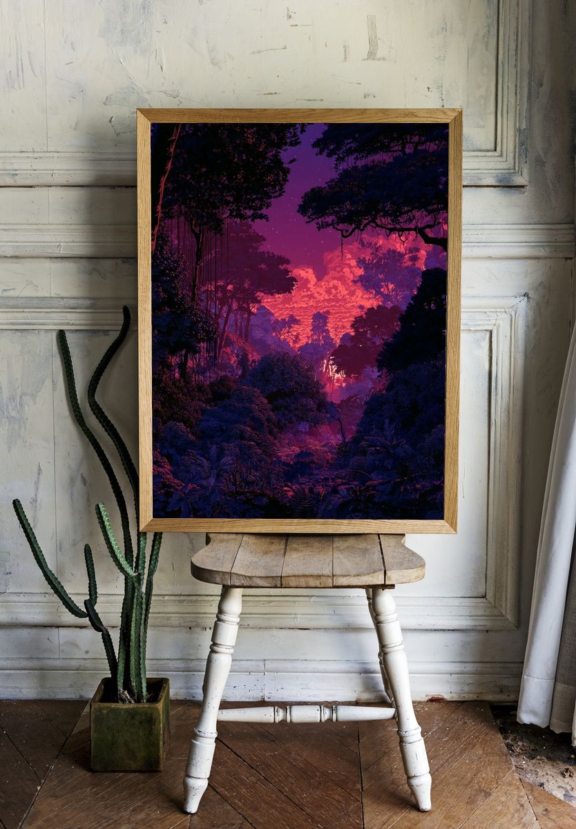 Neon Jungle Sunset Poster. room preview
