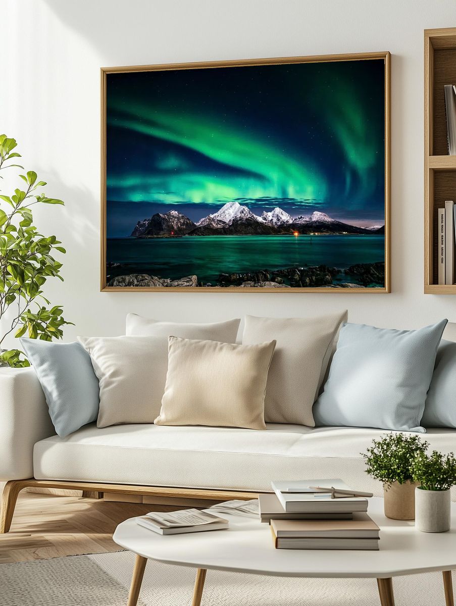 Northern Lights Over Snowy Mountains — Photography Print. — room view 2