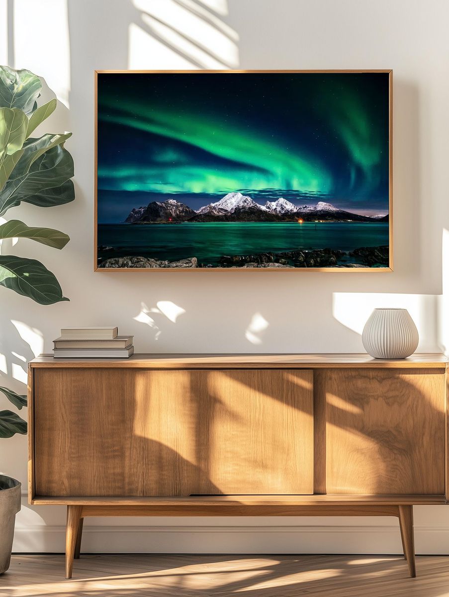 Northern Lights Over Snowy Mountains — Photography Print. — room view 3