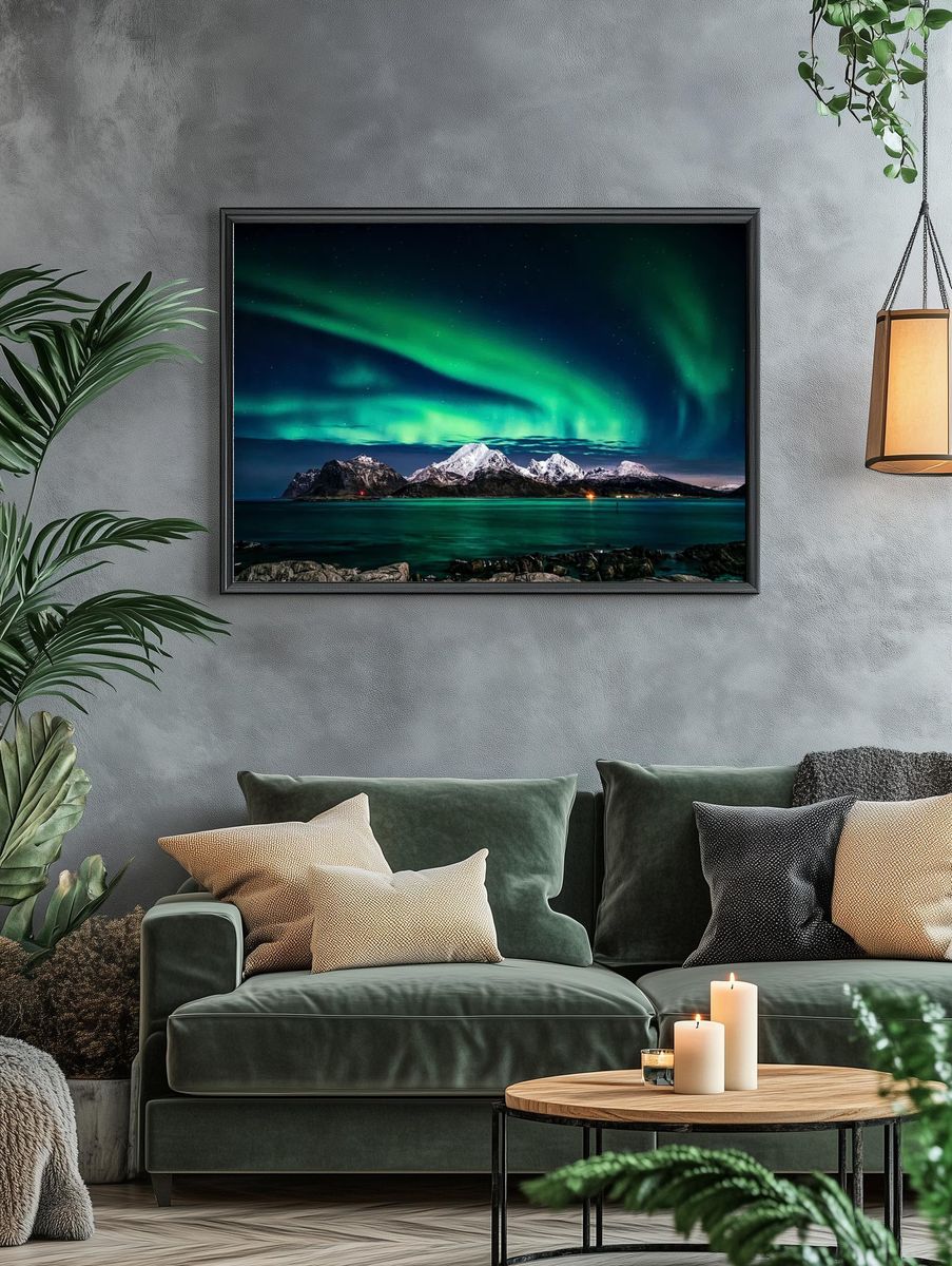 Northern Lights Over Snowy Mountains — Photography Print. — room view 4
