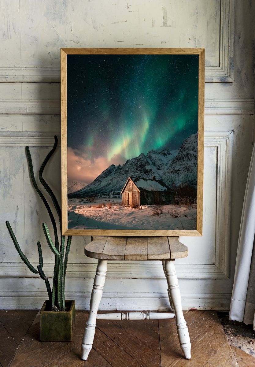 Northern Lights Over Cabin — Photography Print room preview