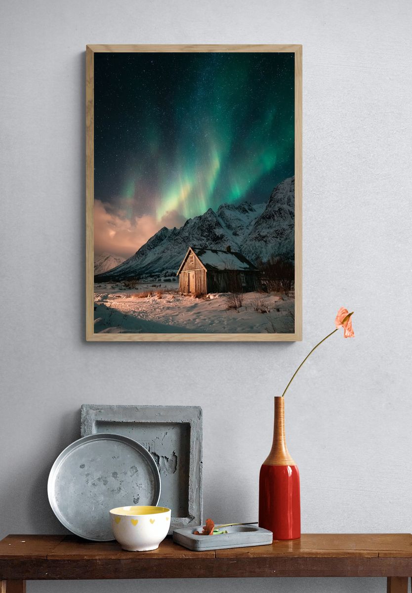 Northern Lights Over Cabin — Photography Print. — room view 3