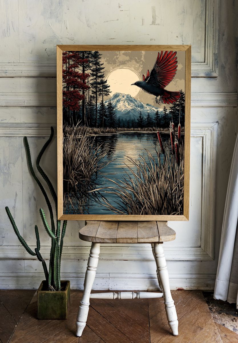 Mountain Landscape with Bird — Nature Print. — room view 1