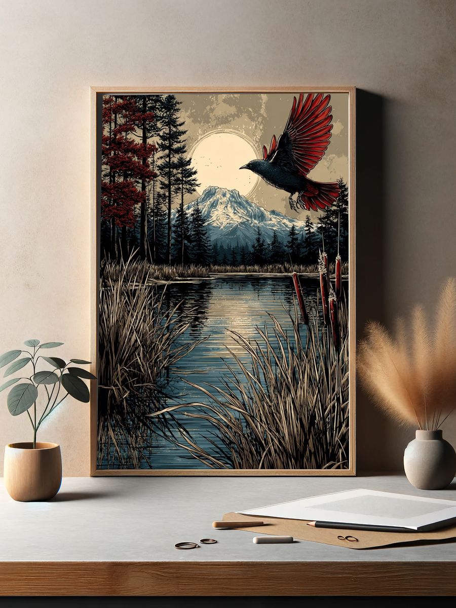 Mountain Landscape with Bird — Nature Print. — room view 2