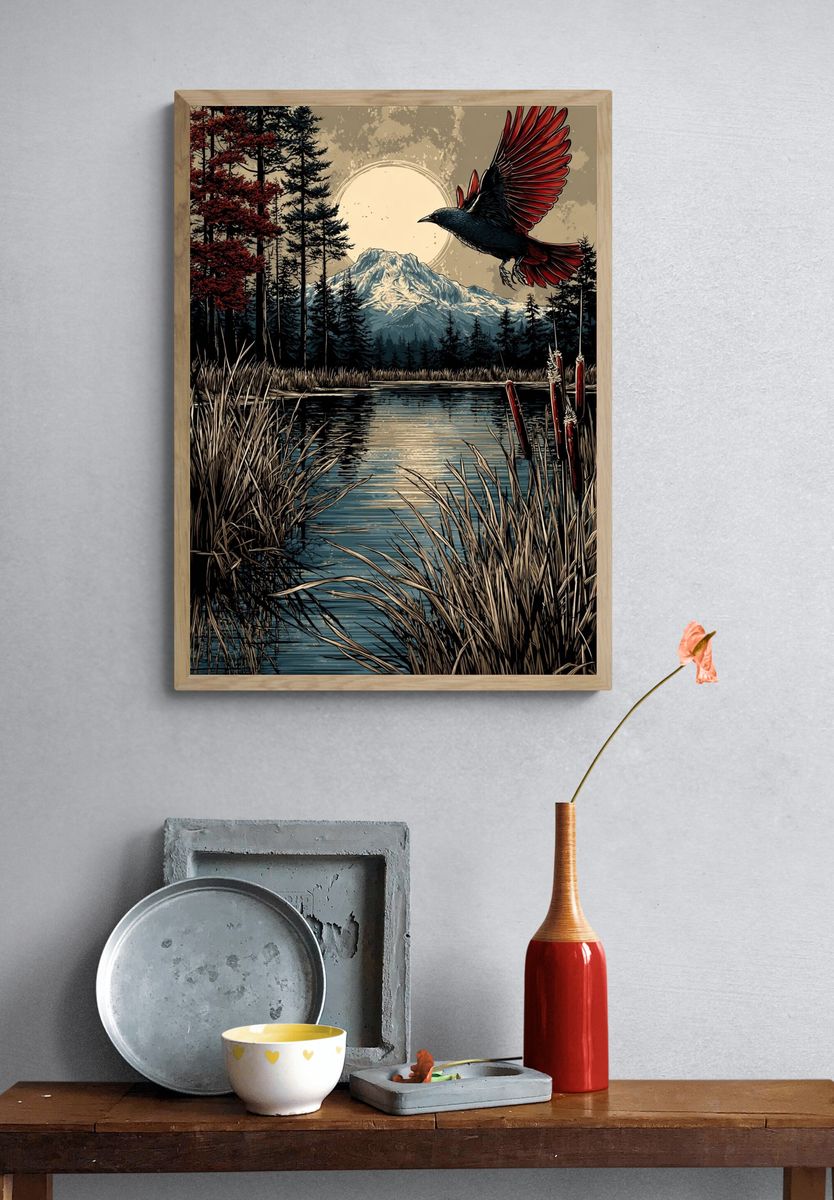 Mountain Landscape with Bird — Nature Print. — room view 3