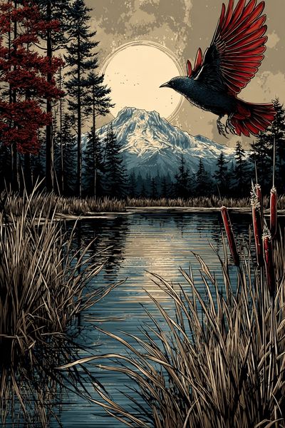 Mountain Landscape with Bird — Nature Print
