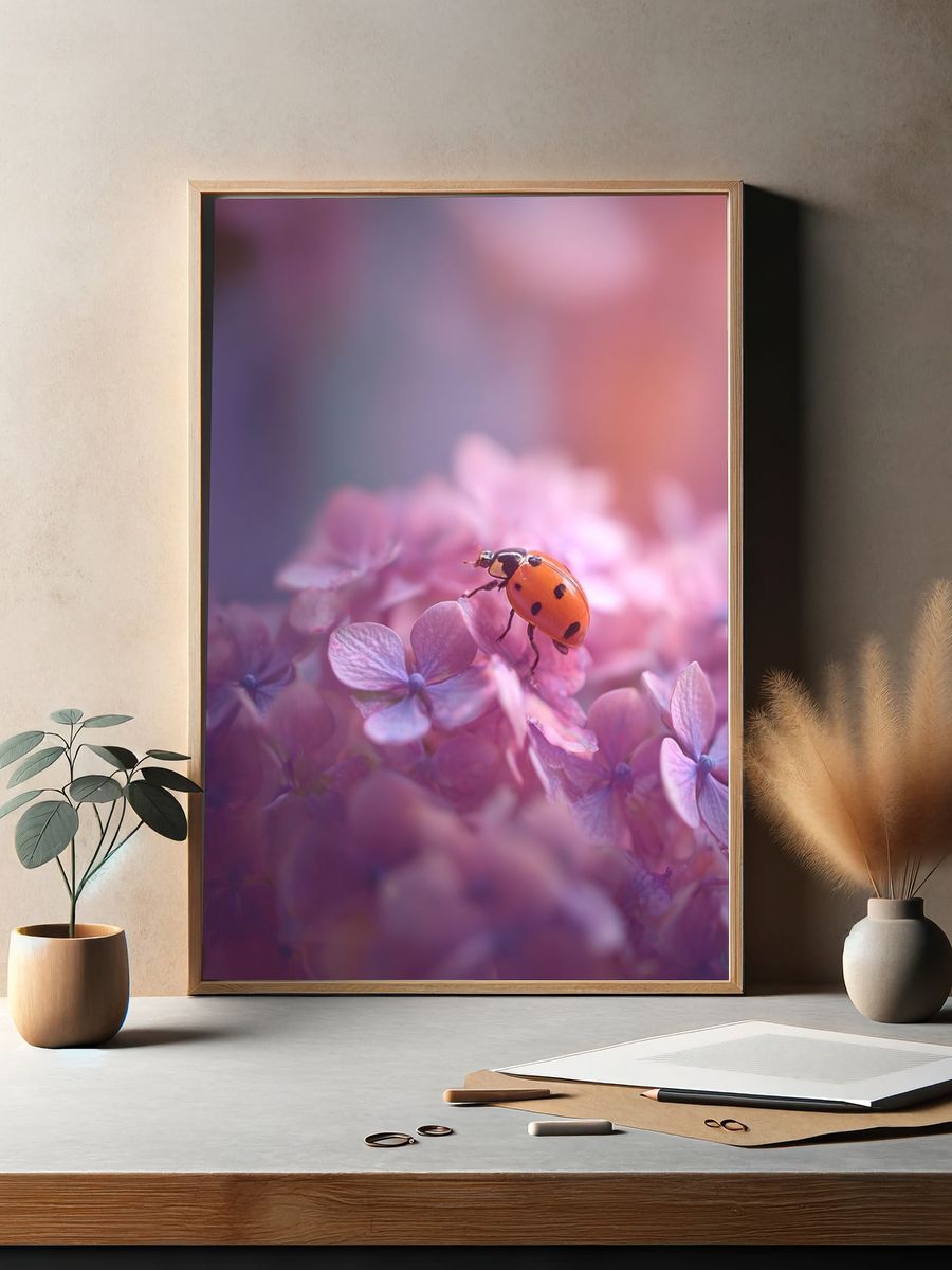 Ladybug on Pink Flowers Poster. — room view 2