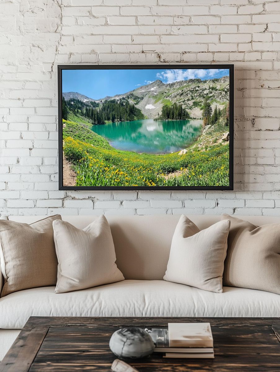 Mountain Lake with Wildflowers — Nature Poster. — room view 1
