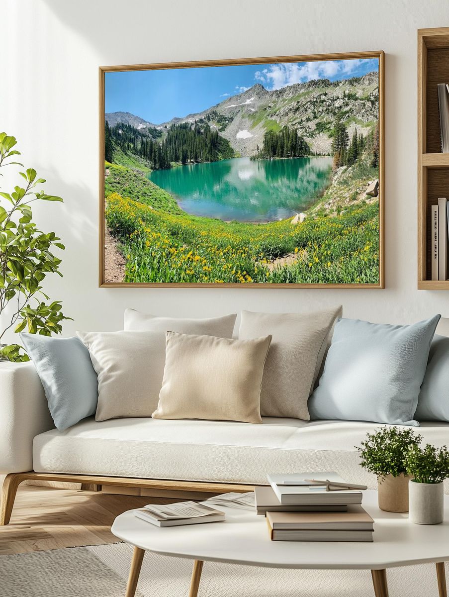 Mountain Lake with Wildflowers — Nature Poster. — room view 2