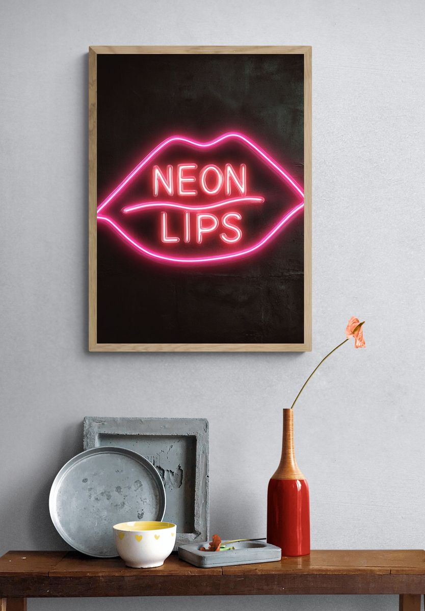Neon Lips Typography Poster. — room view 3