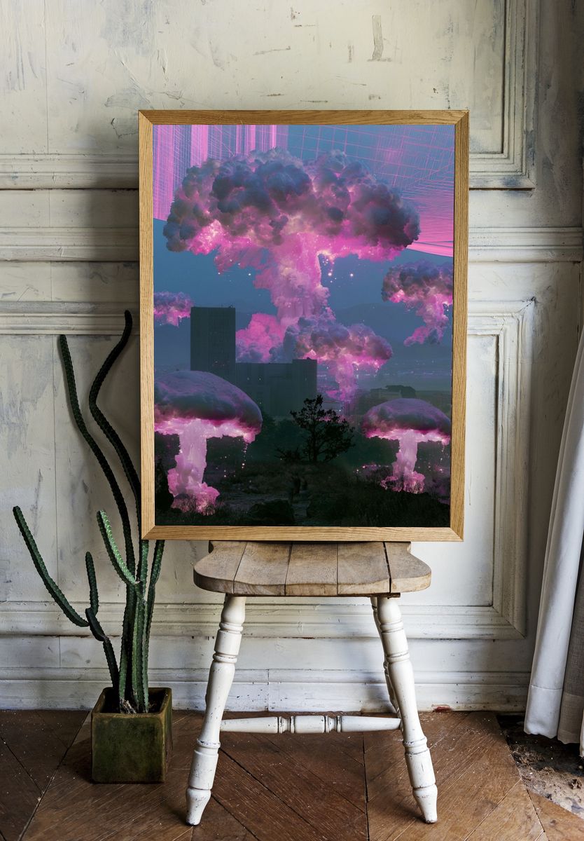 Neon Mushroom Clouds Surrealism Poster. room preview
