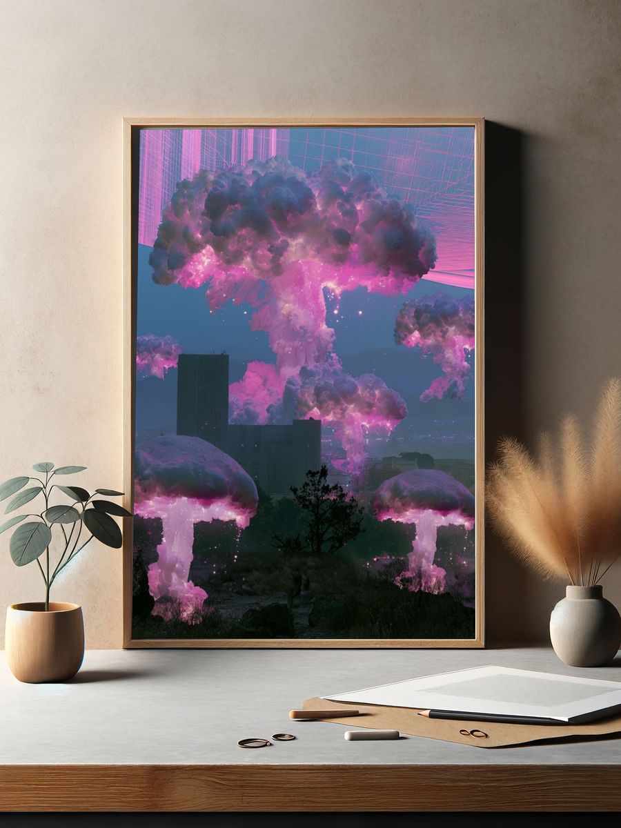 Neon Mushroom Clouds Surrealism Poster. — room view 2