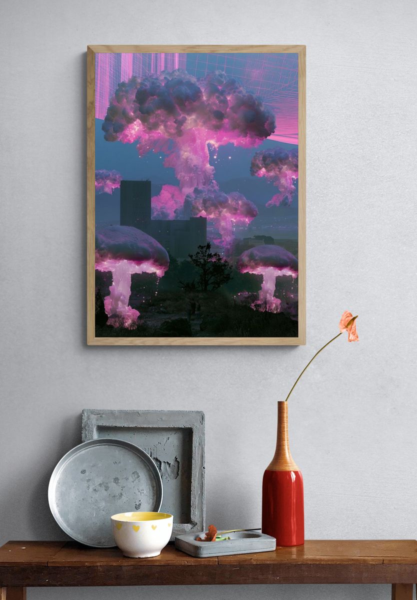 Neon Mushroom Clouds Surrealism Poster. — room view 3