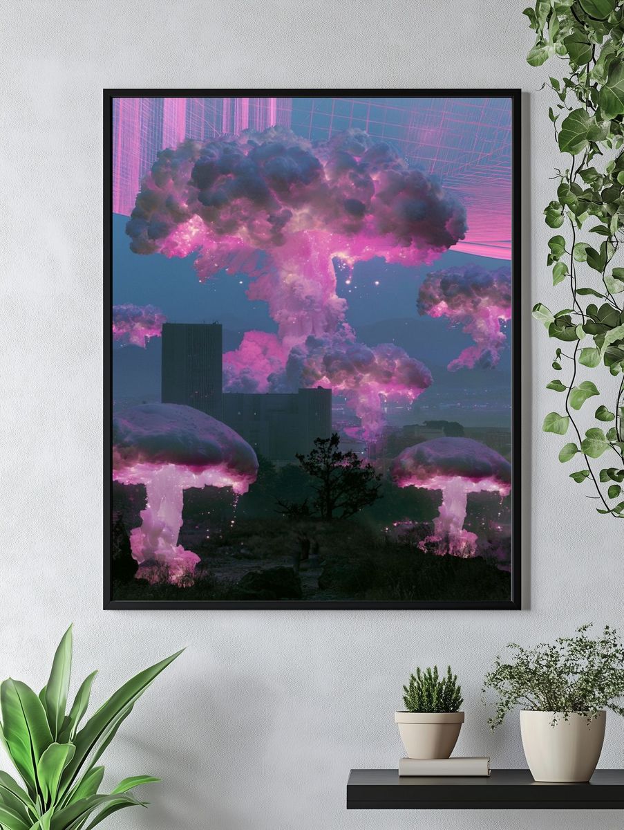 Neon Mushroom Clouds Surrealism Poster. — room view 4